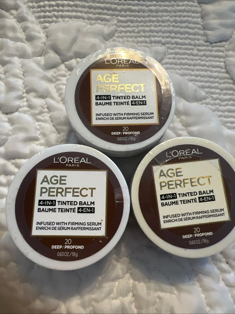 Lot 3 Pack L'Oreal Paris AGE PERFECT 4-in-1 Tinted Balm 20 Deep Profond .63 oz